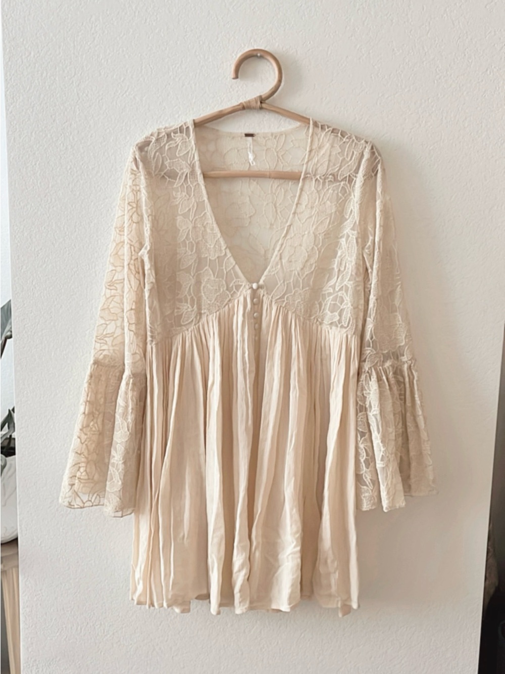 Free People Lace VโNeck Bell Sleeve Tunic in Cream